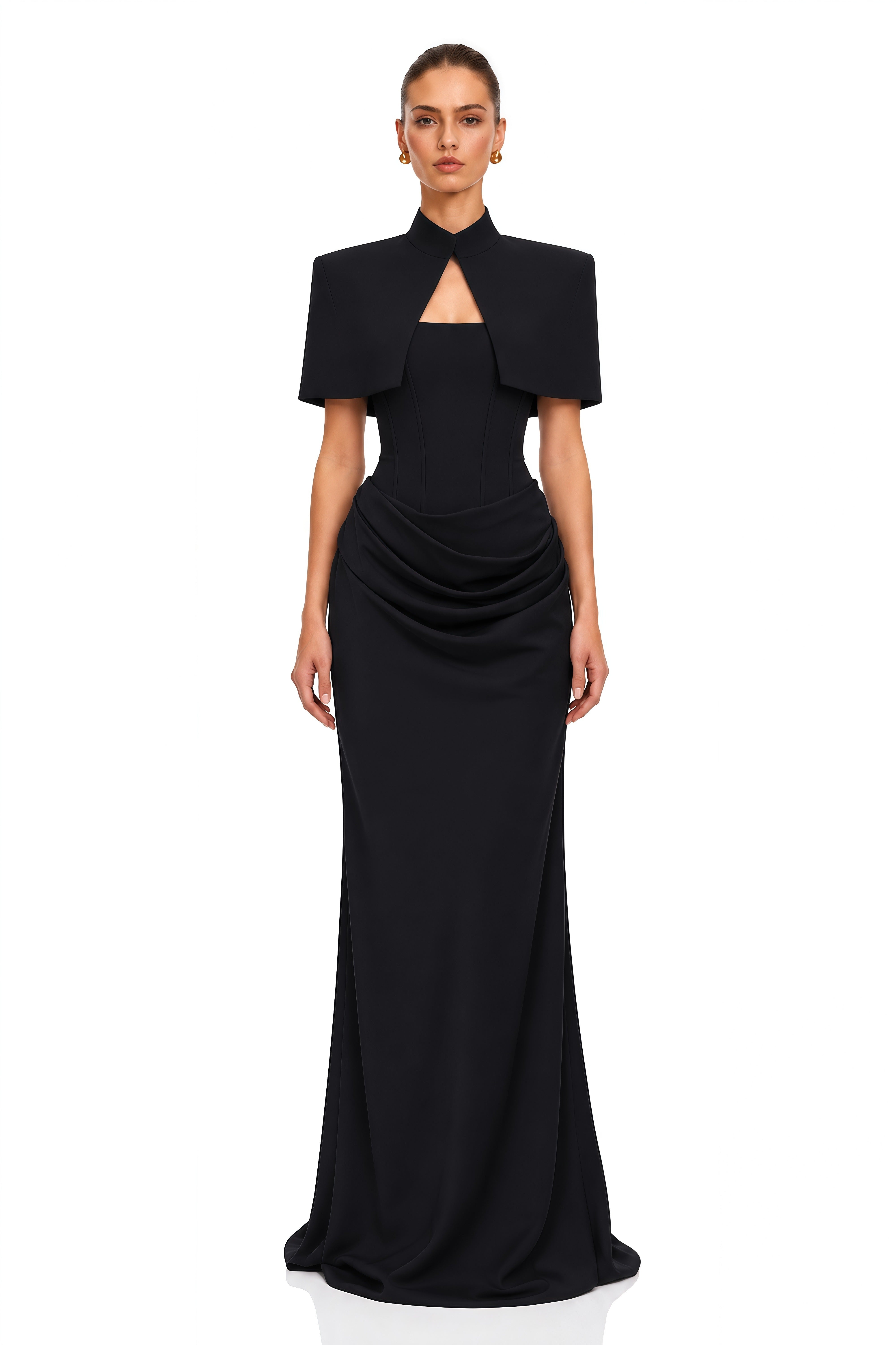 Nyla Black Corset Draped Maxi Dress with Cape