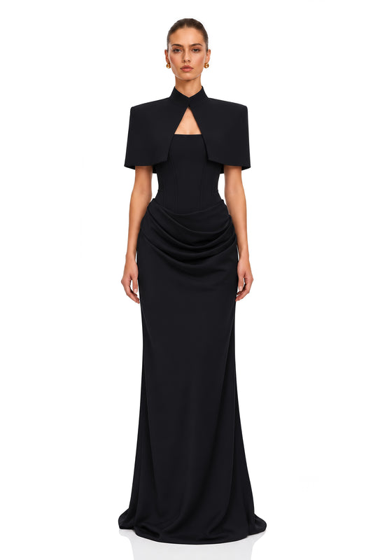 Nyla Black Corset Draped Maxi Dress with Cape