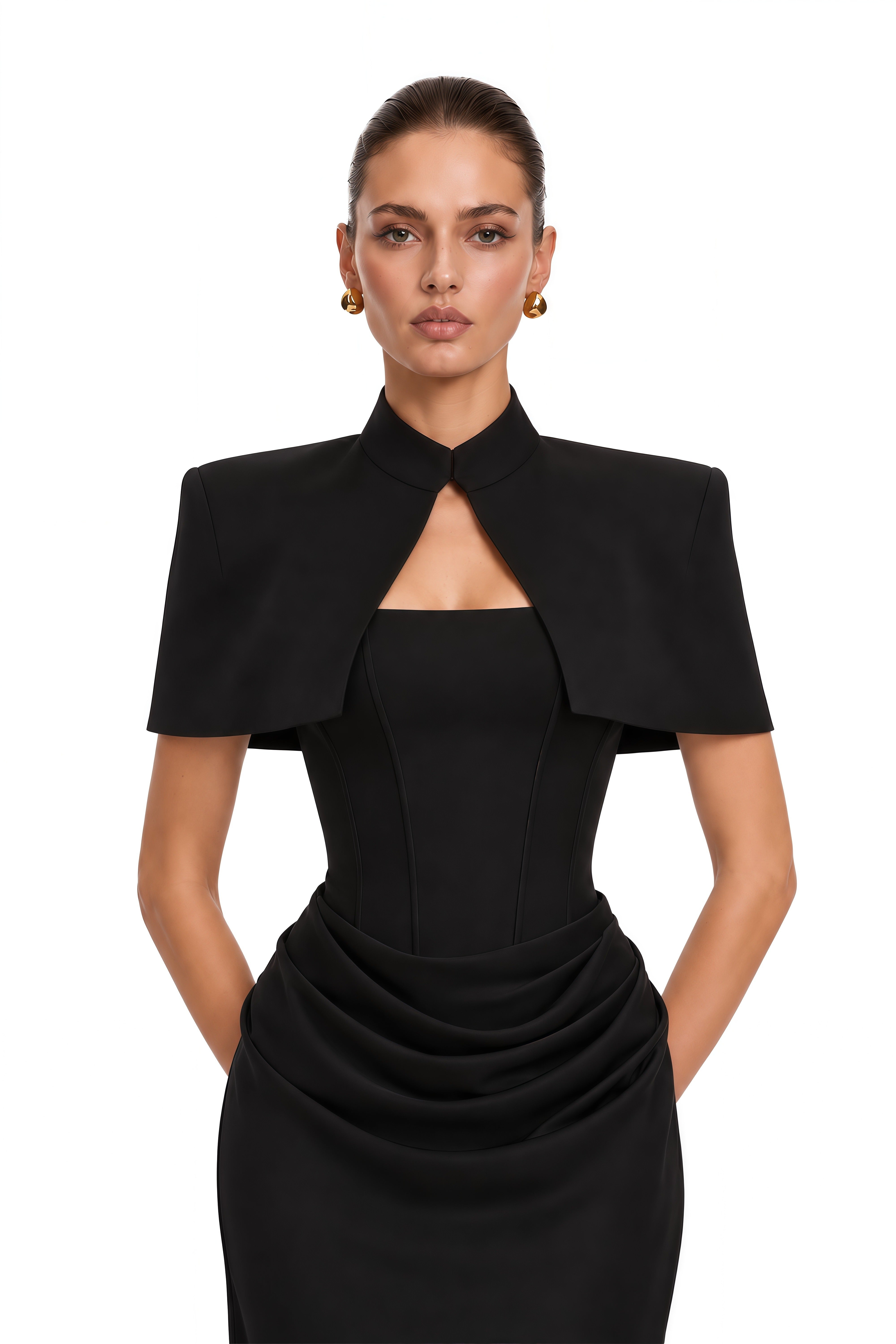 Nyla Black Corset Draped Maxi Dress with Cape