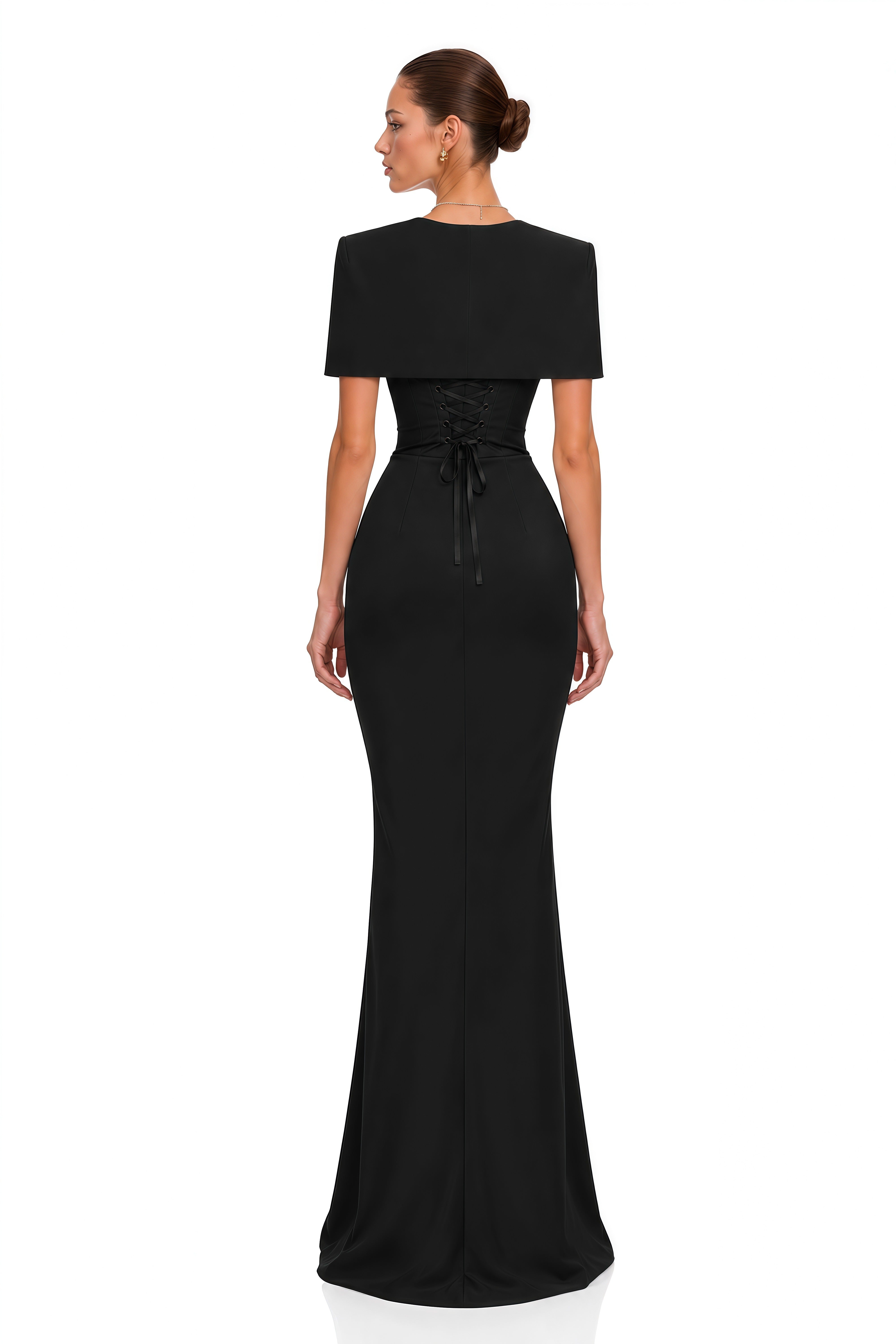 Nyla Black Corset Draped Maxi Dress with Cape