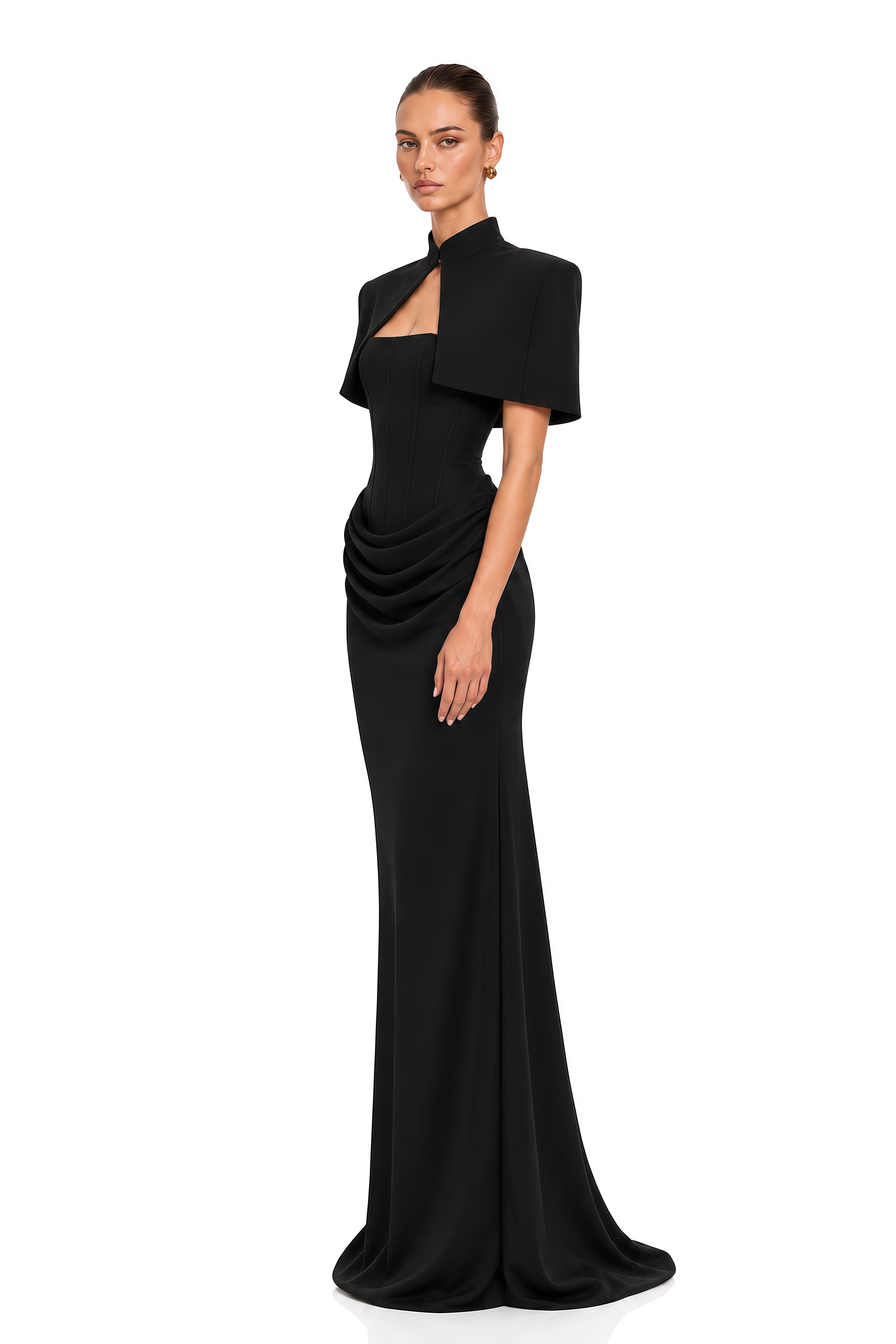 Nyla Black Corset Draped Maxi Dress with Cape