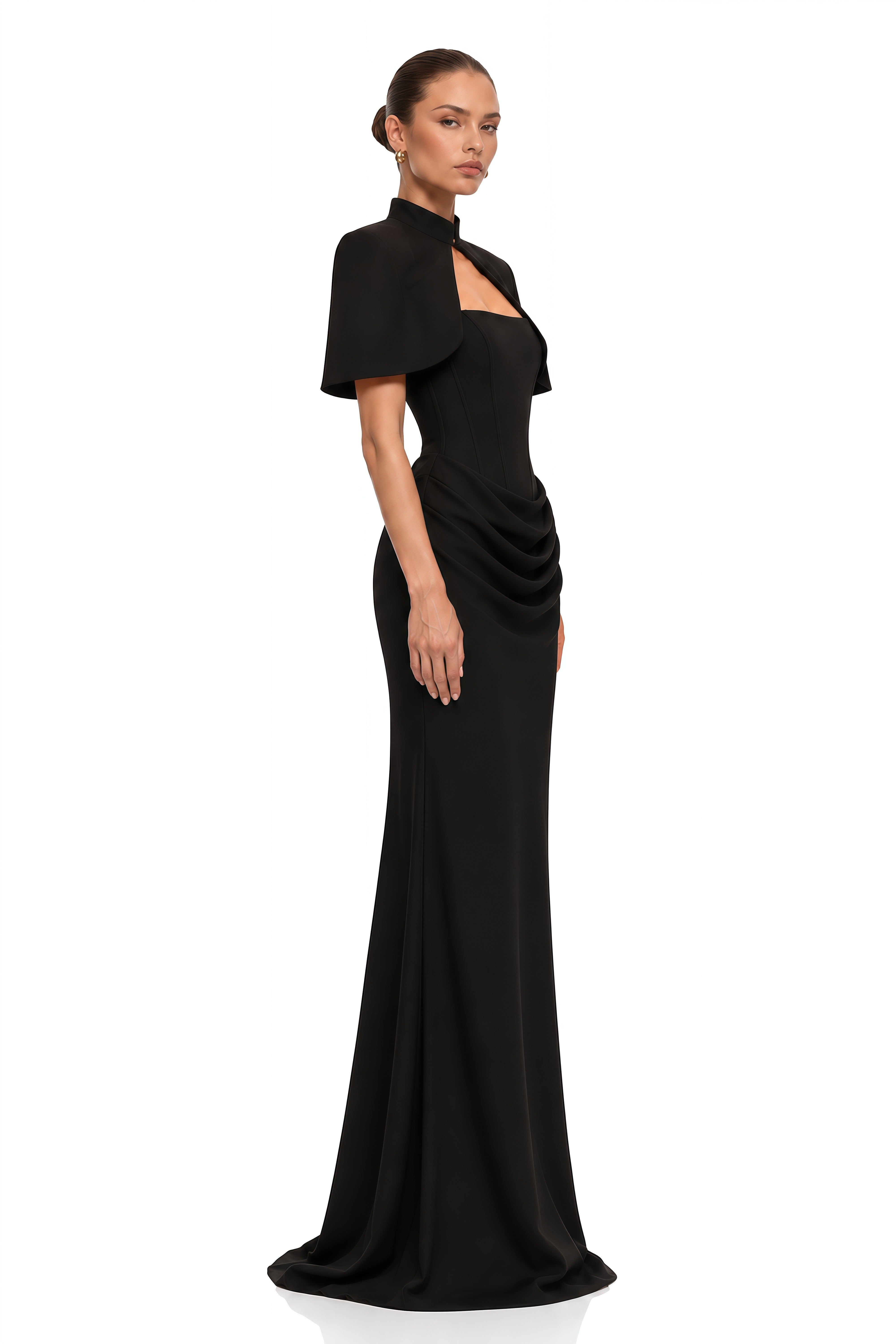 Nyla Black Corset Draped Maxi Dress with Cape