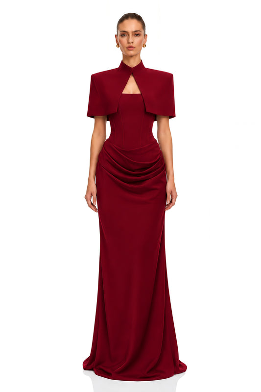 Nyla Red Corset Draped Maxi Dress with Cape