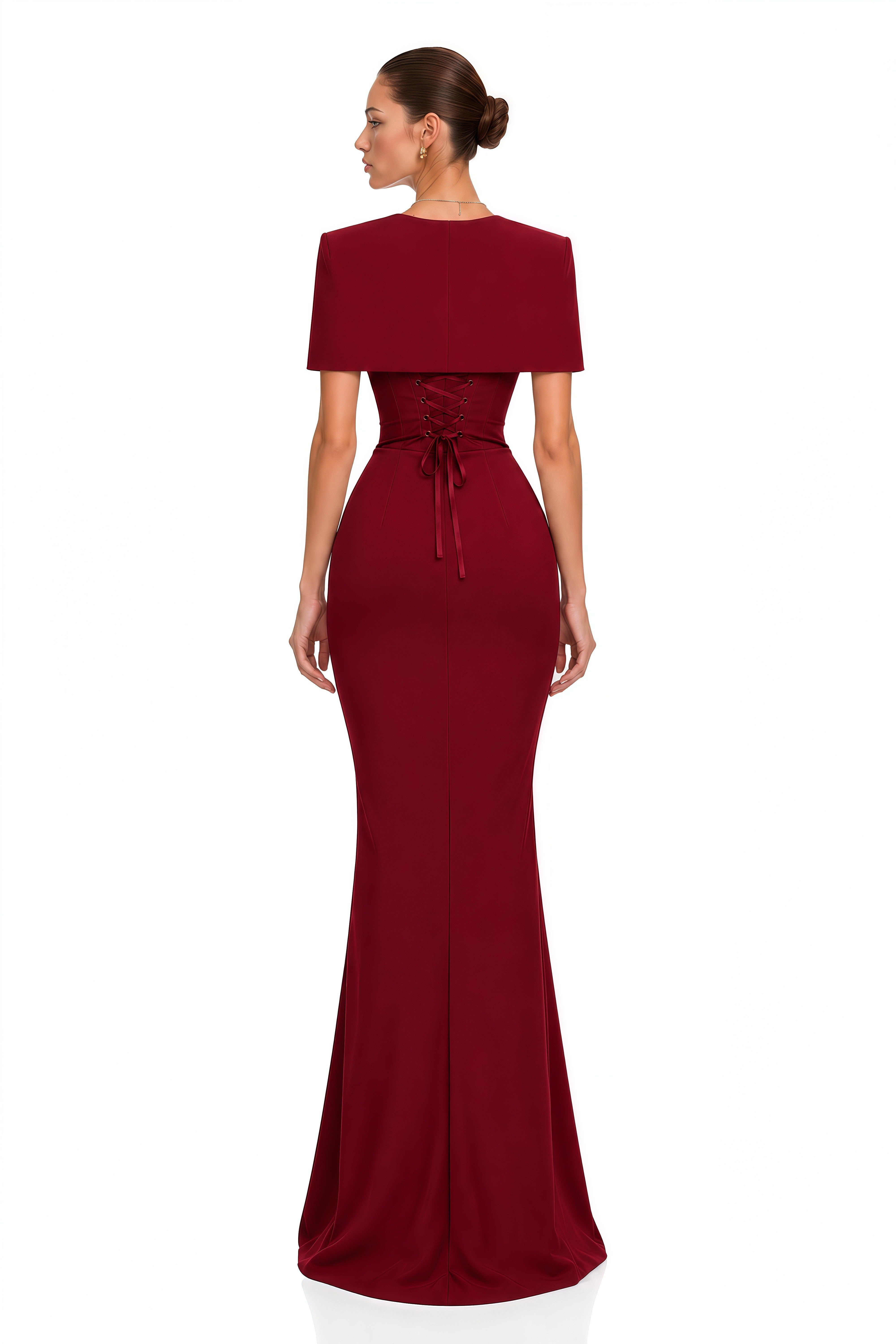 Nyla Red Corset Draped Maxi Dress with Cape