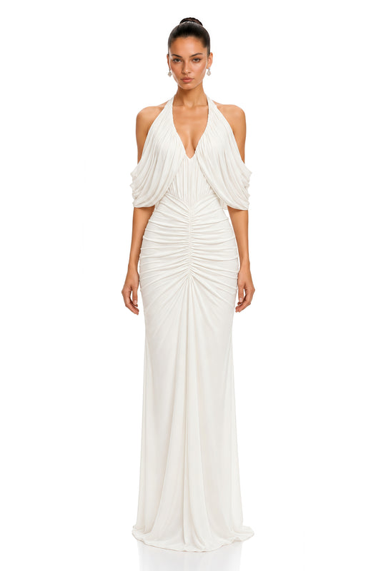 Ottavia White Halterneck Ruched Maxi Dress