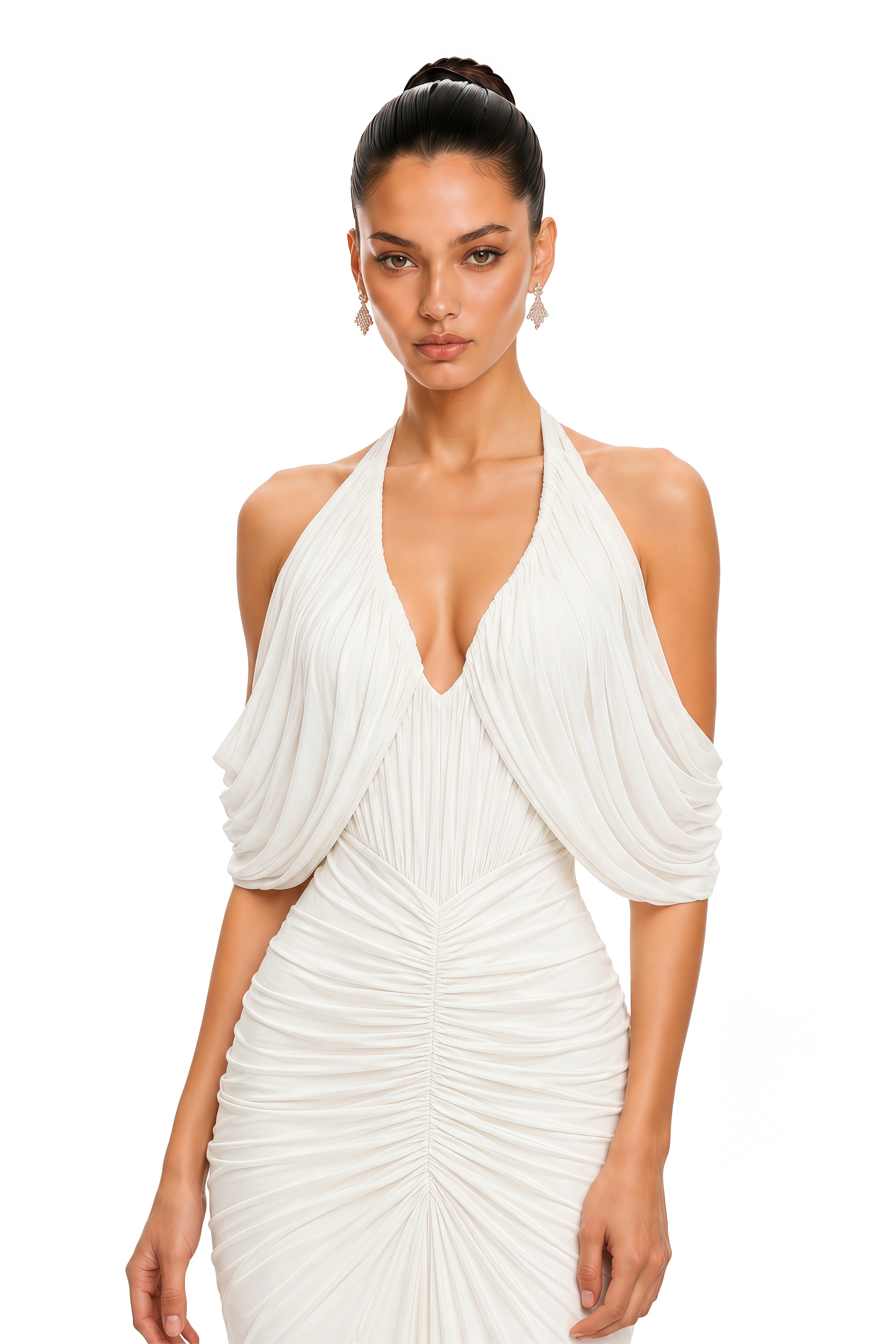 Ottavia White Halterneck Ruched Maxi Dress