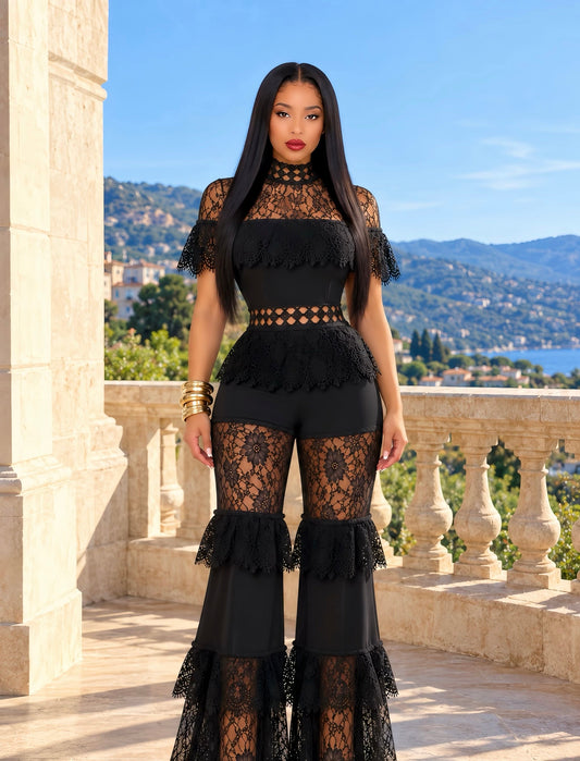 Black Lace High Neck Tiered Jumpsuit