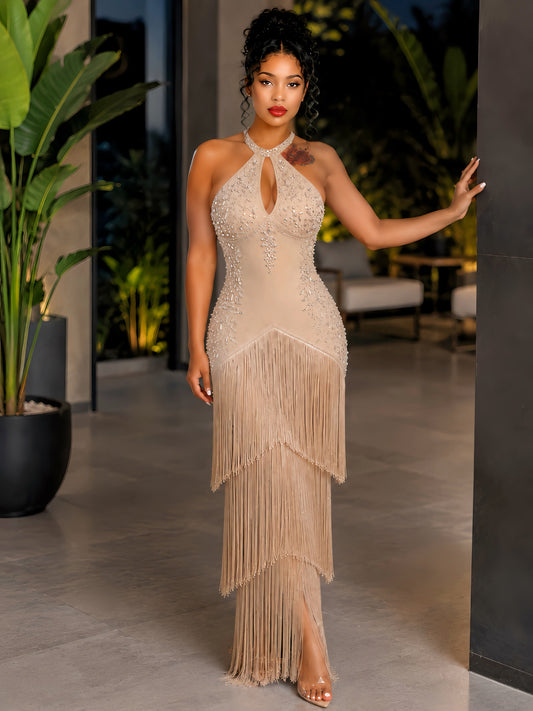 Champagne Allure Fringe Maxi Dress