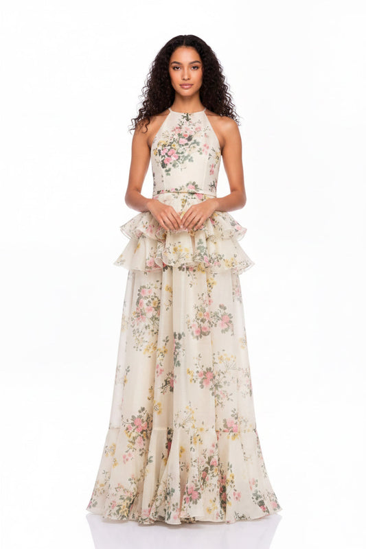 Floral Ruffle Maxi Dress In Beige