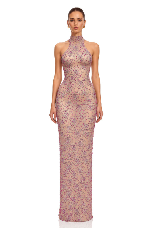Rosamelle Pink Rose Embellished Halterneck Maxi Dress