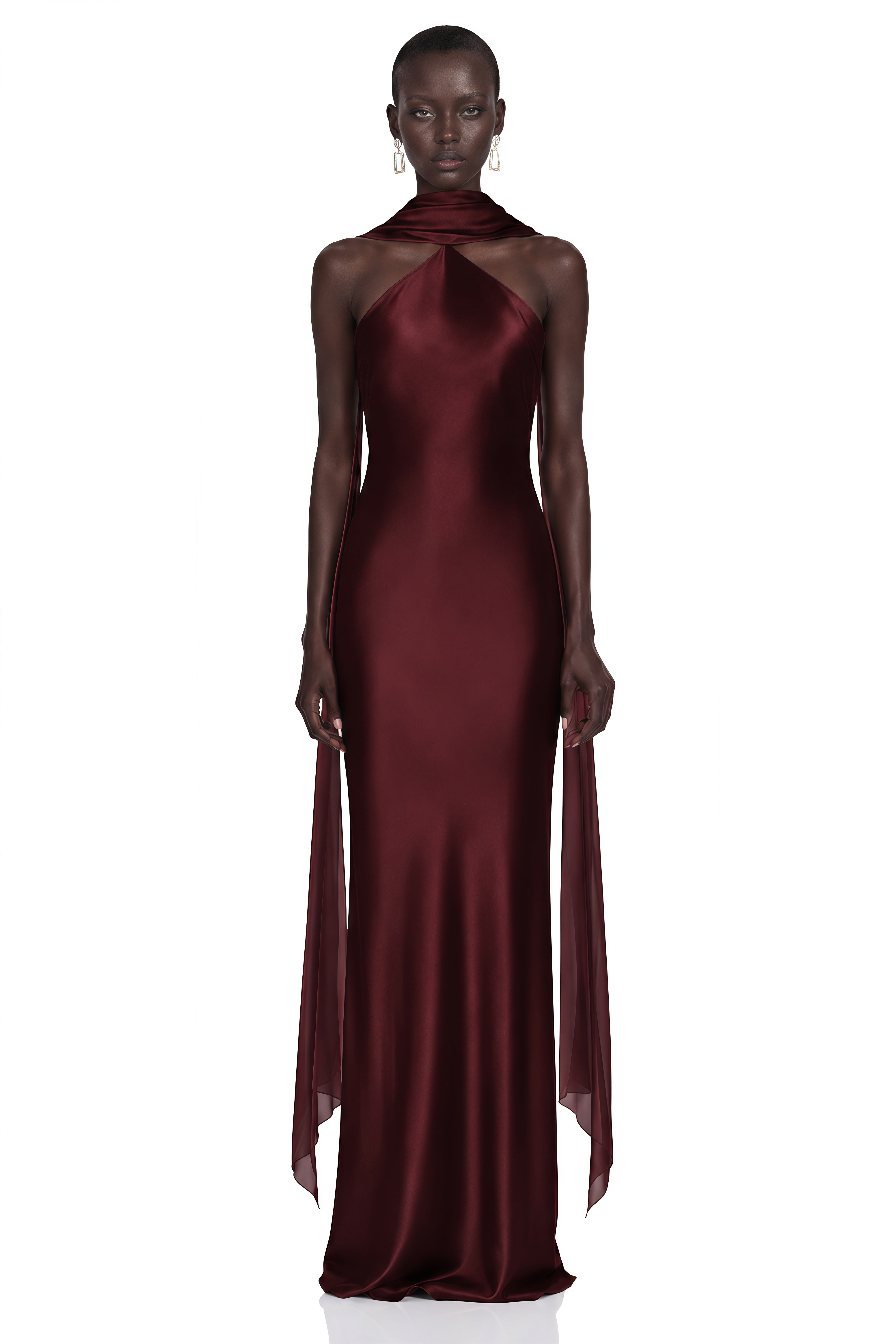 Rowena Burgundy Halterneck Maxi Dress With Scarf