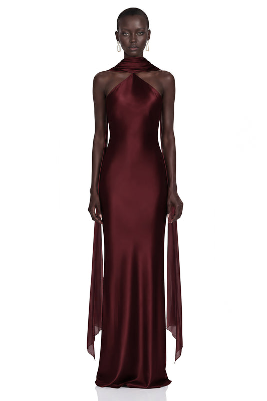 Rowena Burgundy Halterneck Maxi Dress With Scarf