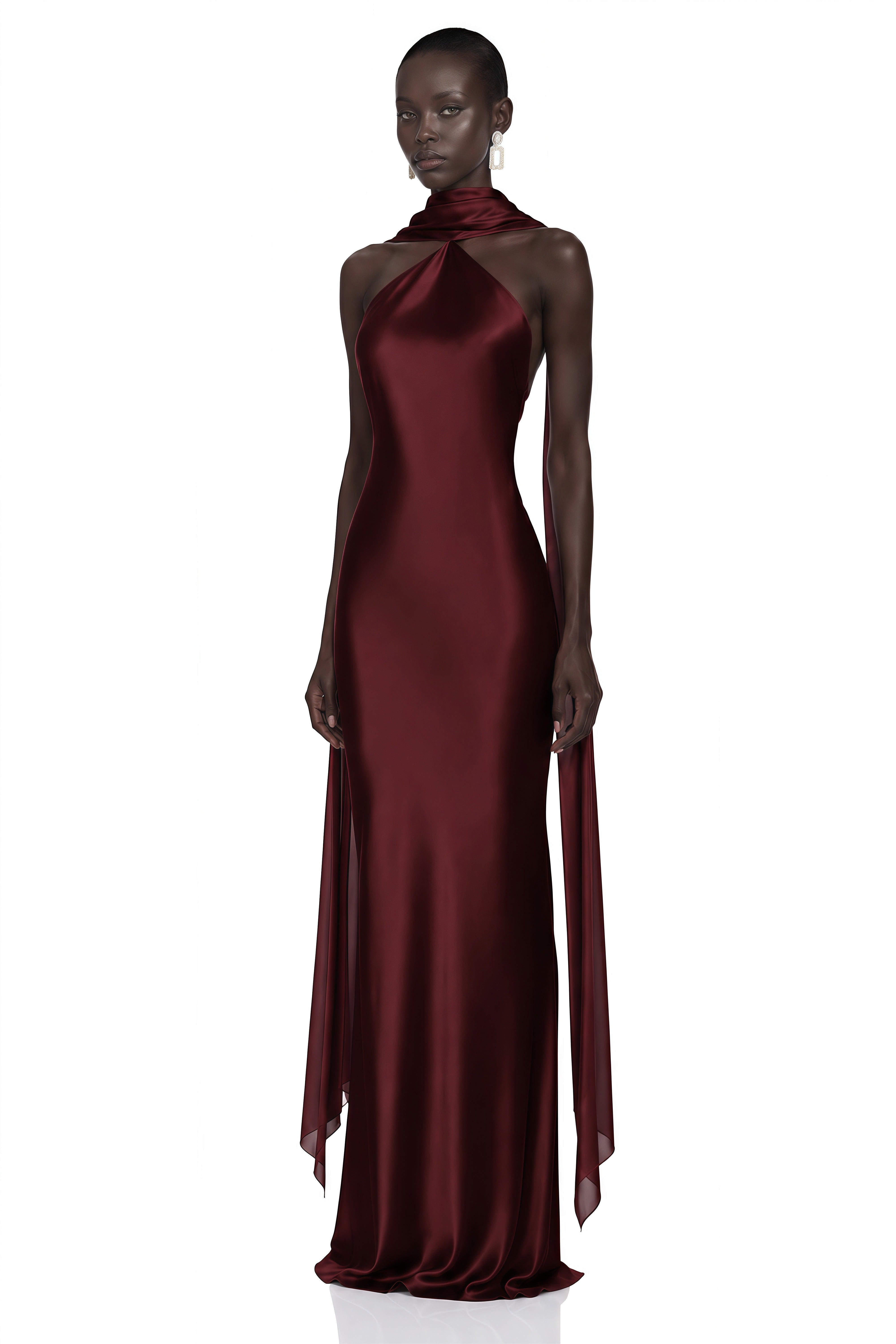 Rowena Burgundy Halterneck Maxi Dress With Scarf