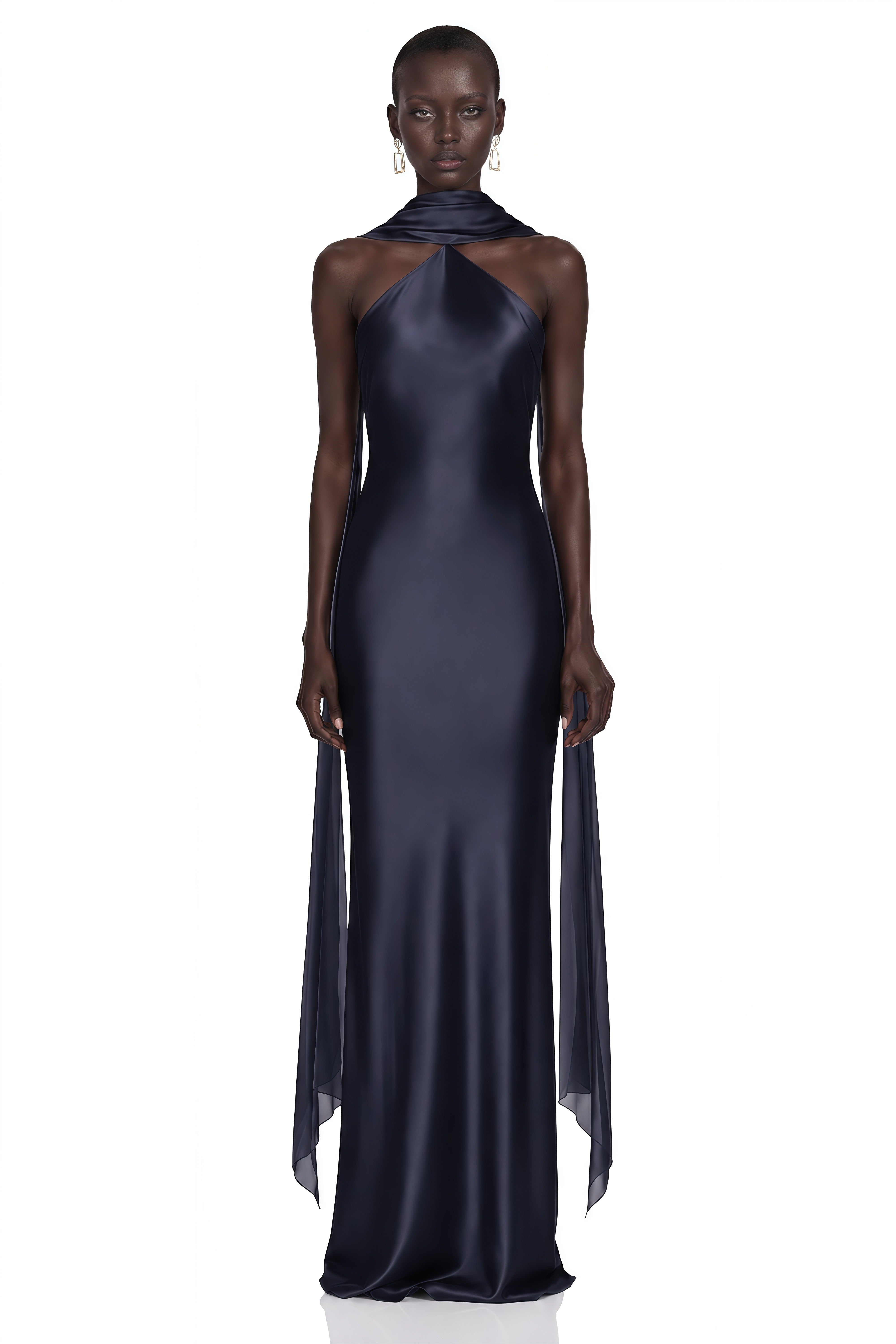 Rowena Navy Blue Halterneck Maxi Dress With Scarf