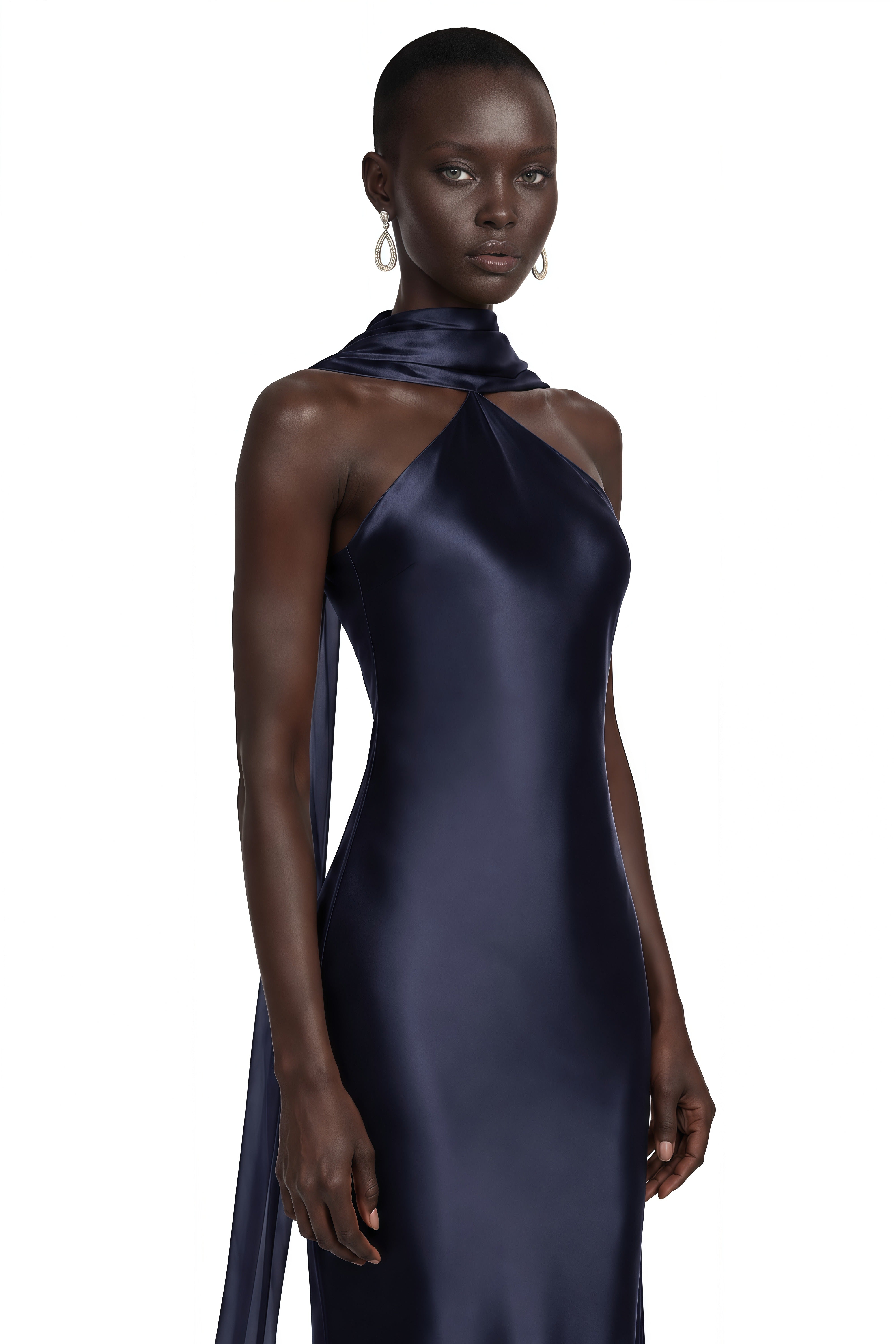 Rowena Navy Blue Halterneck Maxi Dress With Scarf