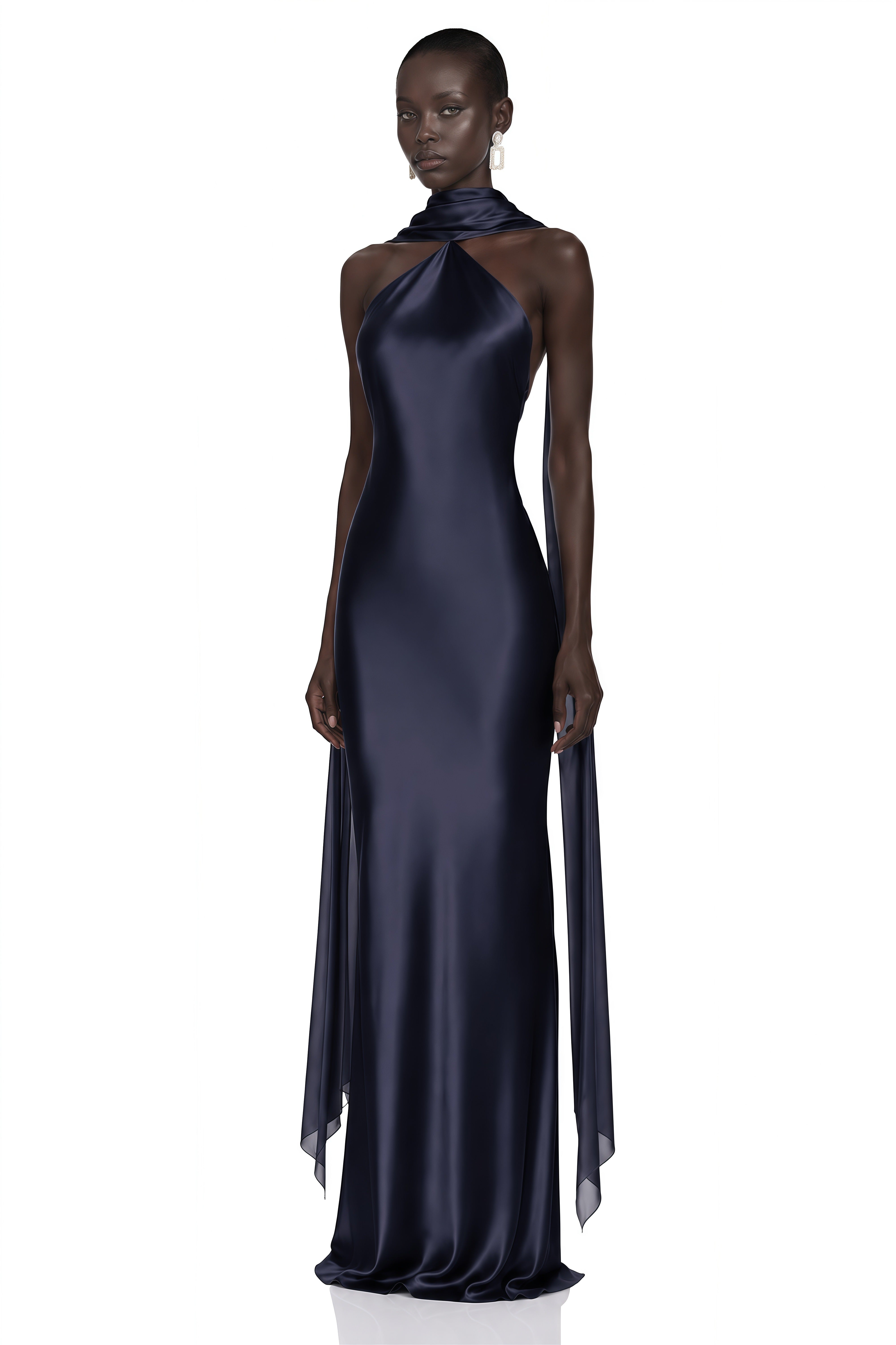 Rowena Navy Blue Halterneck Maxi Dress With Scarf