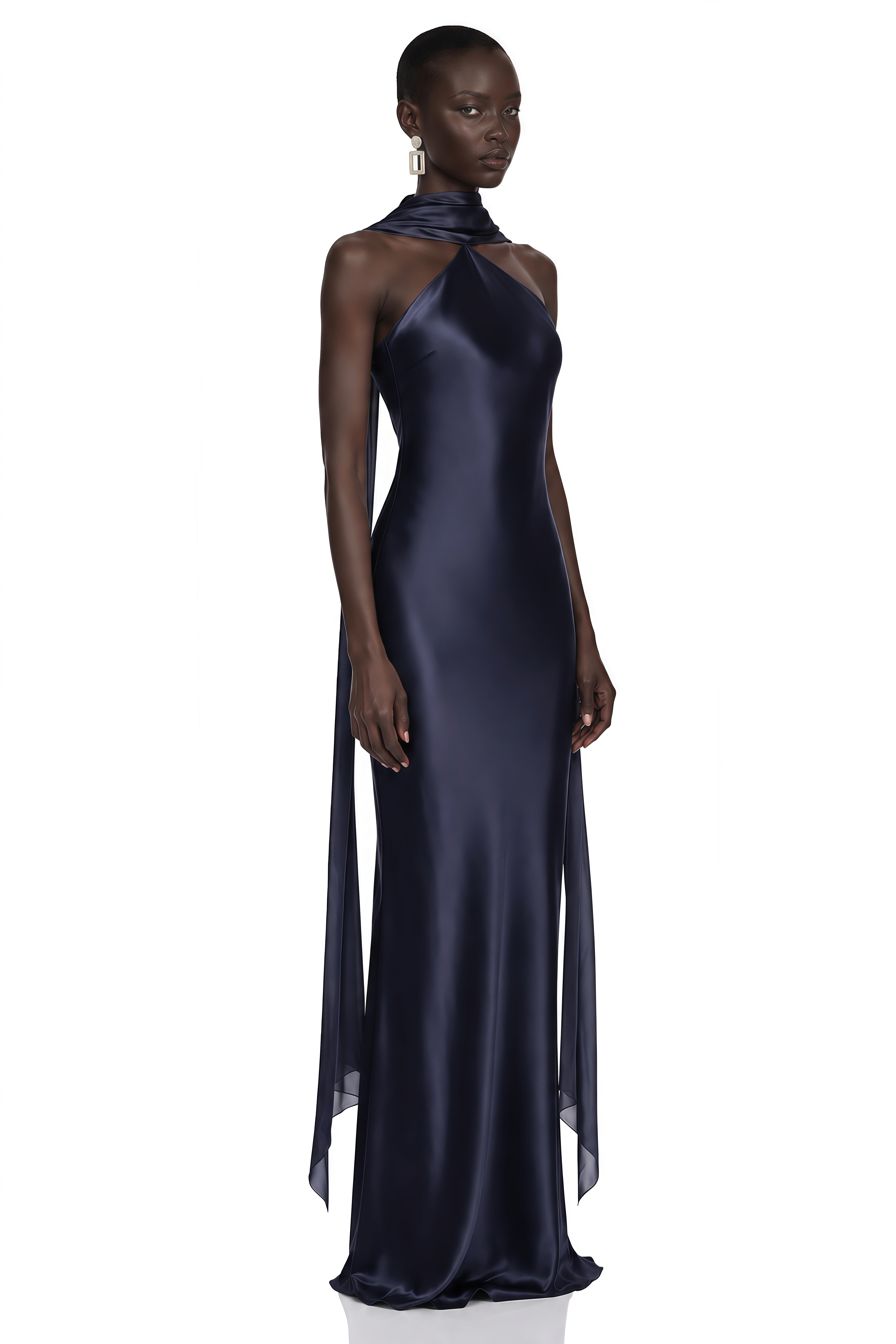 Rowena Navy Blue Halterneck Maxi Dress With Scarf