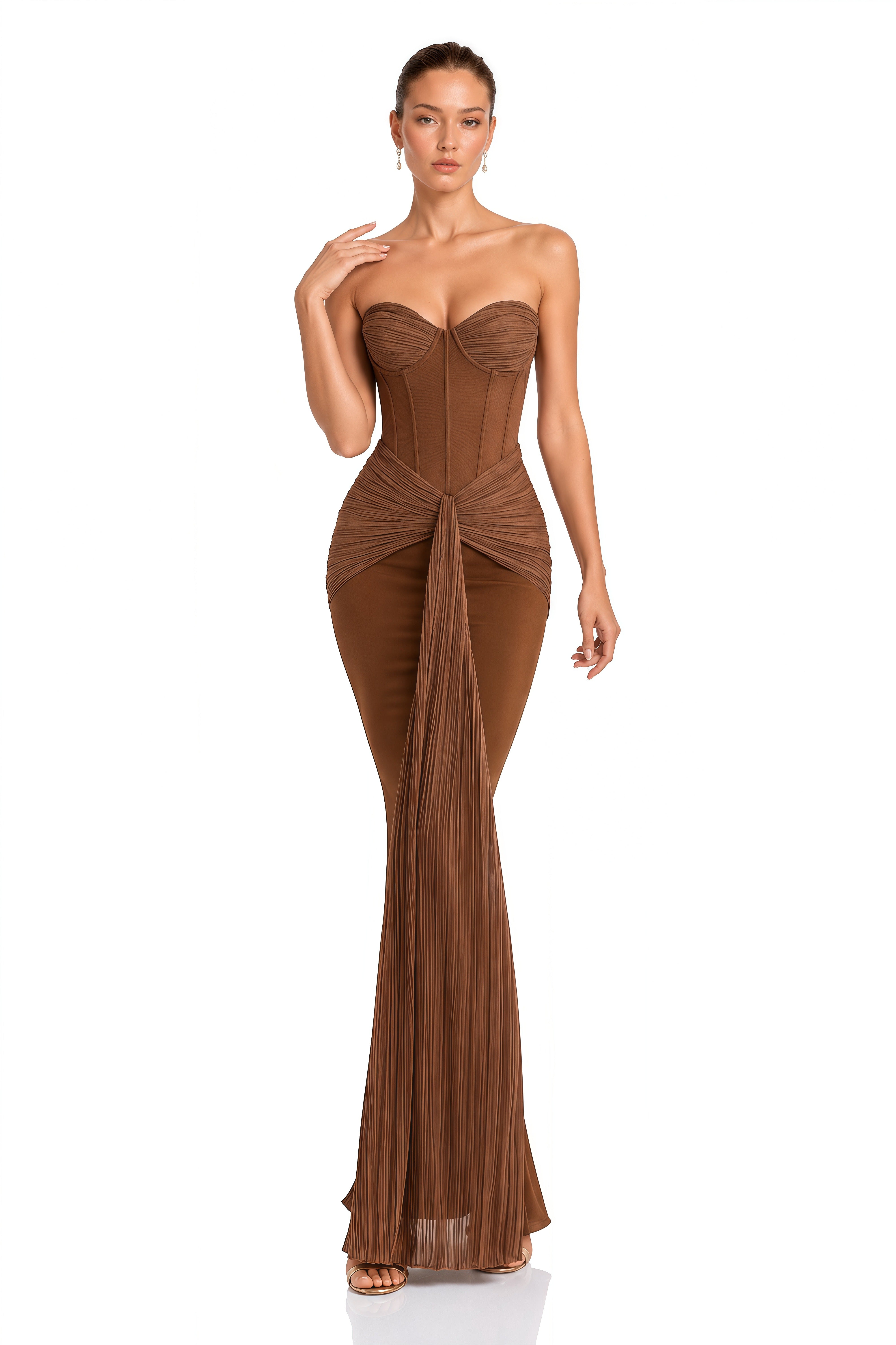 Sara Brown Strapless Corset Ruched Maxi Dress