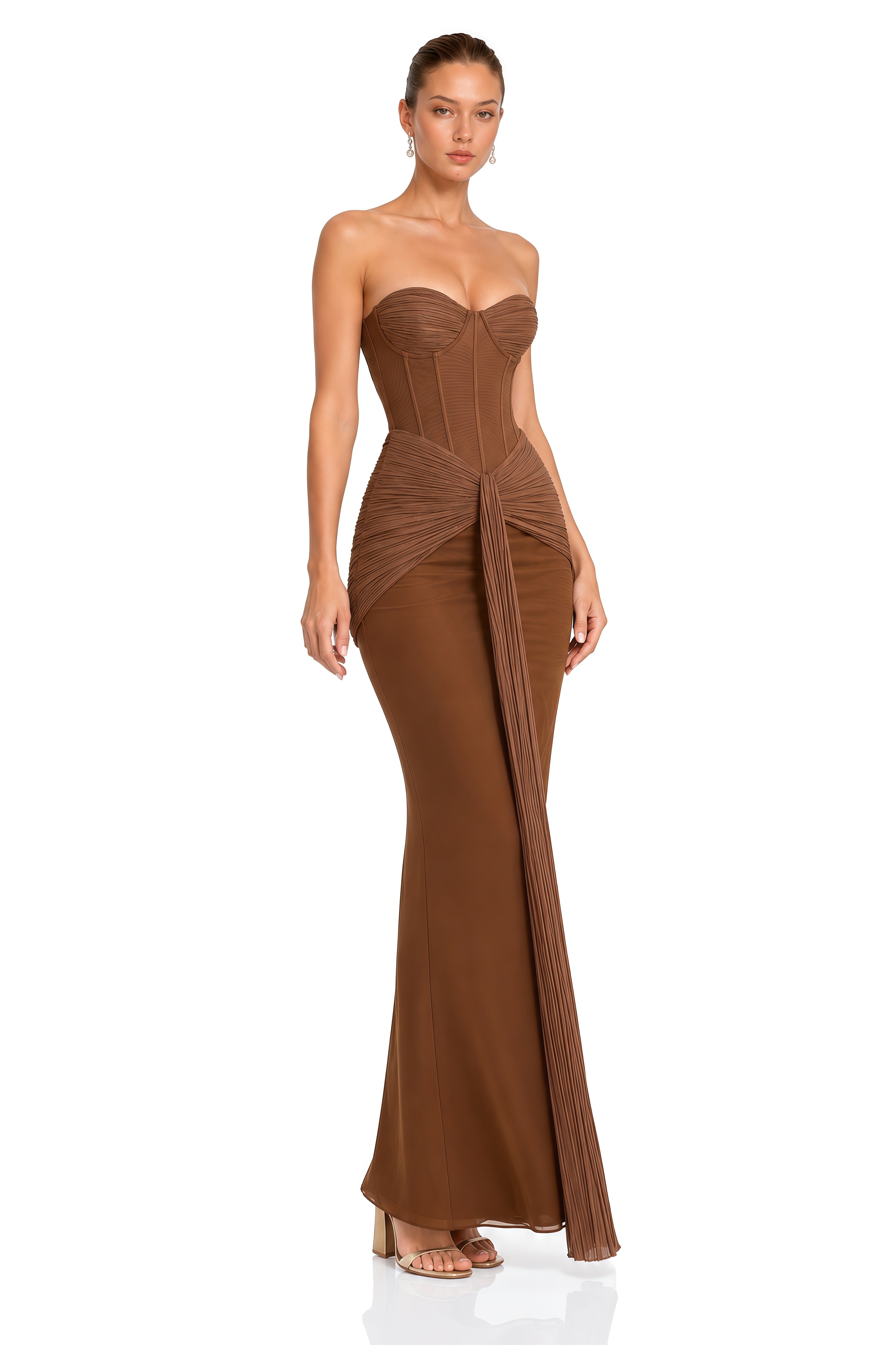 Sara Brown Strapless Corset Ruched Maxi Dress