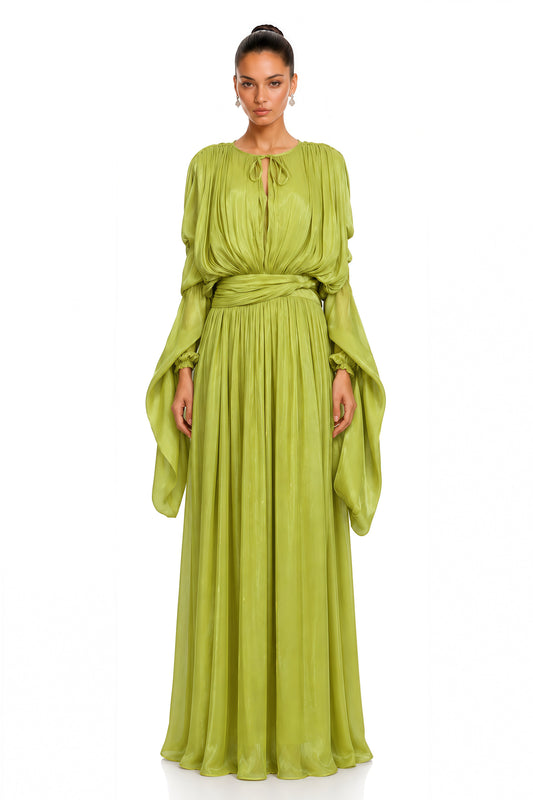 Saskia Lime Green Draped Sleeve Pleated Maxi Dress