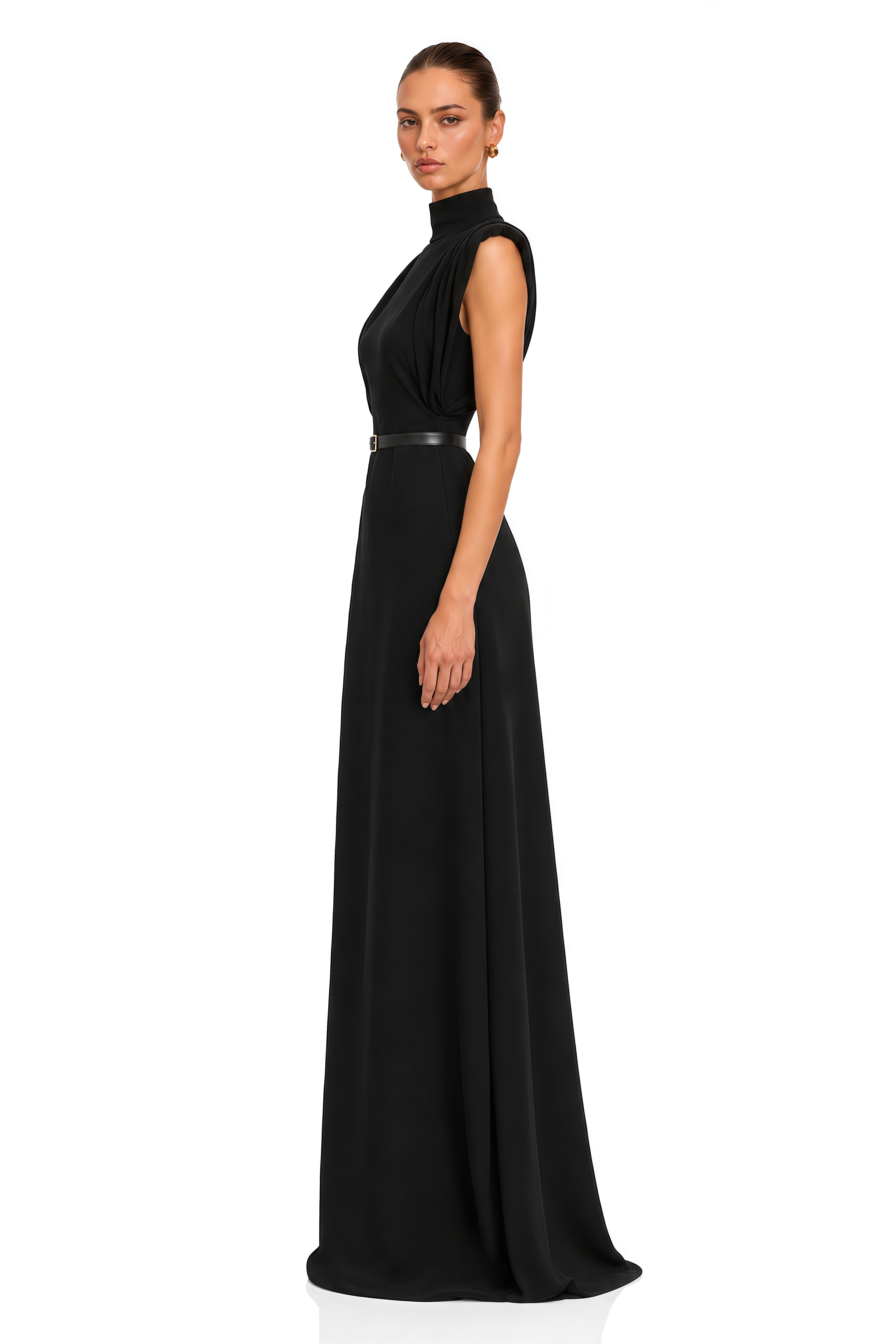 Severine Black High Neck Belted Maxi Dress