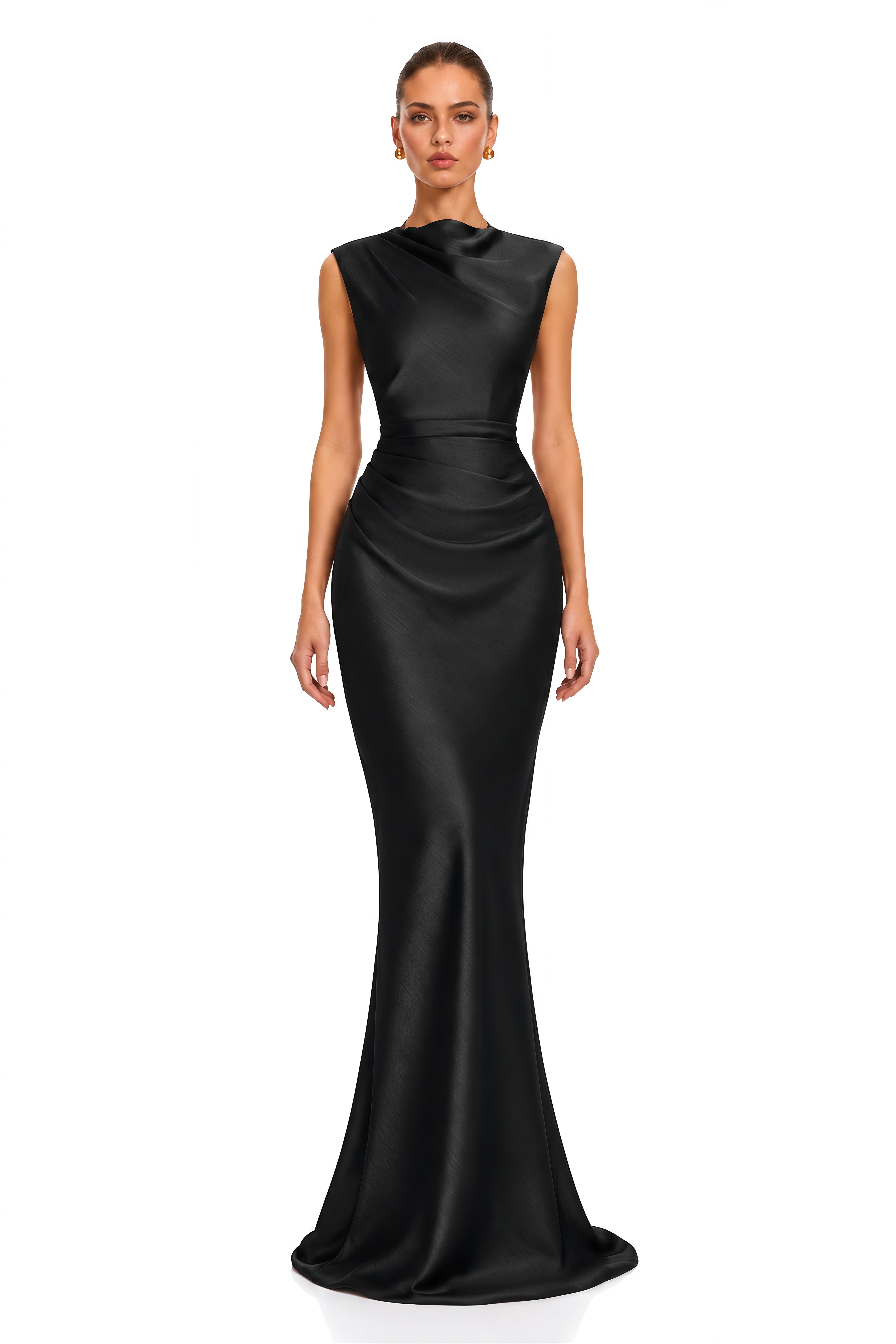 Valencia Black Draped Satin Mermaid Maxi Dress