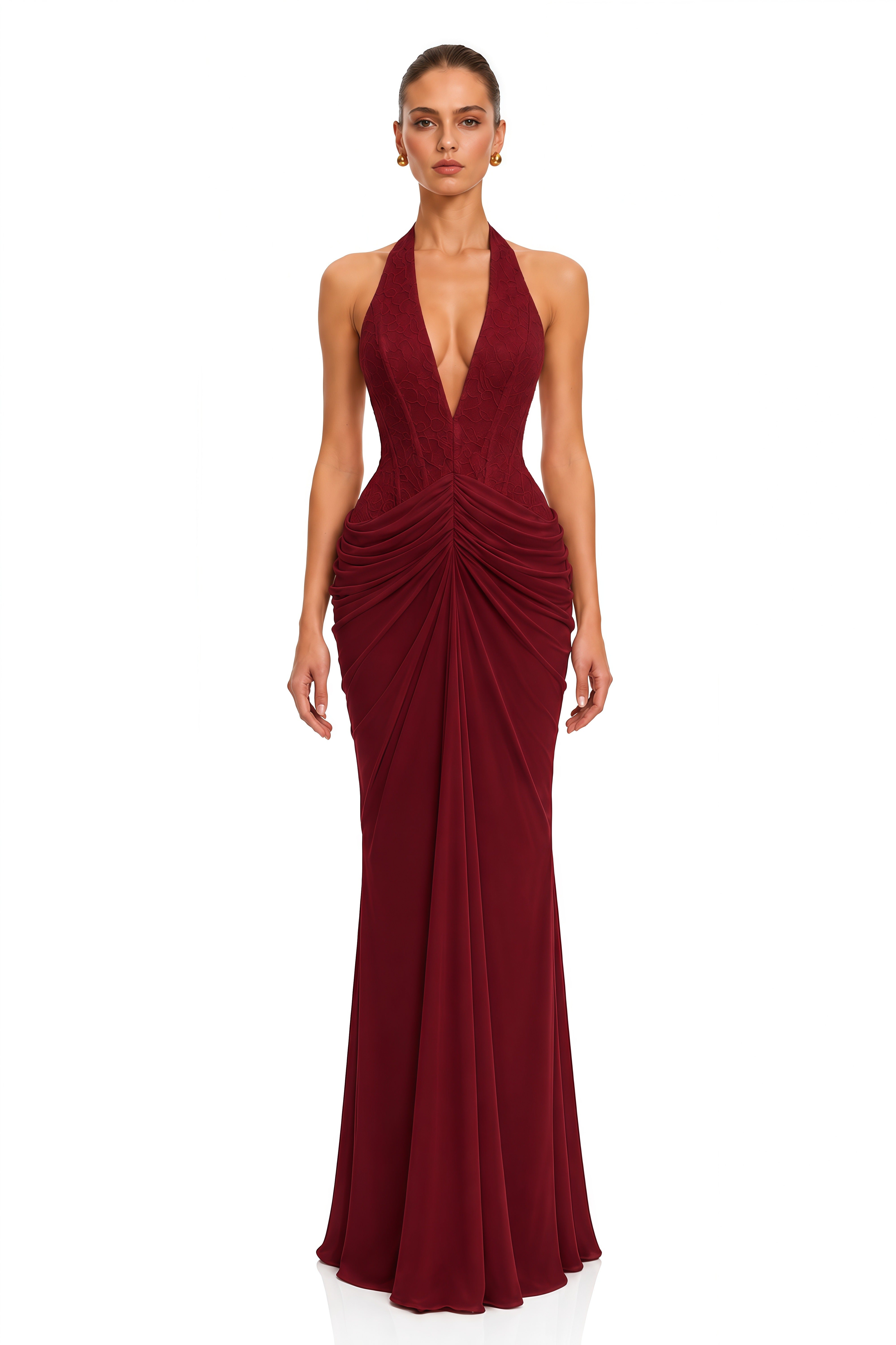 Verena Burgundy Plunge Halterneck Lace Ruched Maxi Dress