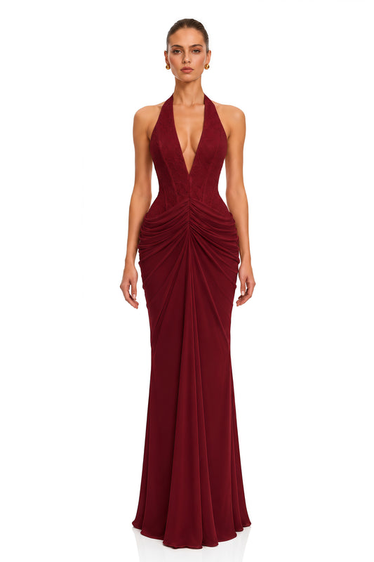 Verena Burgundy Plunge Halterneck Lace Ruched Maxi Dress