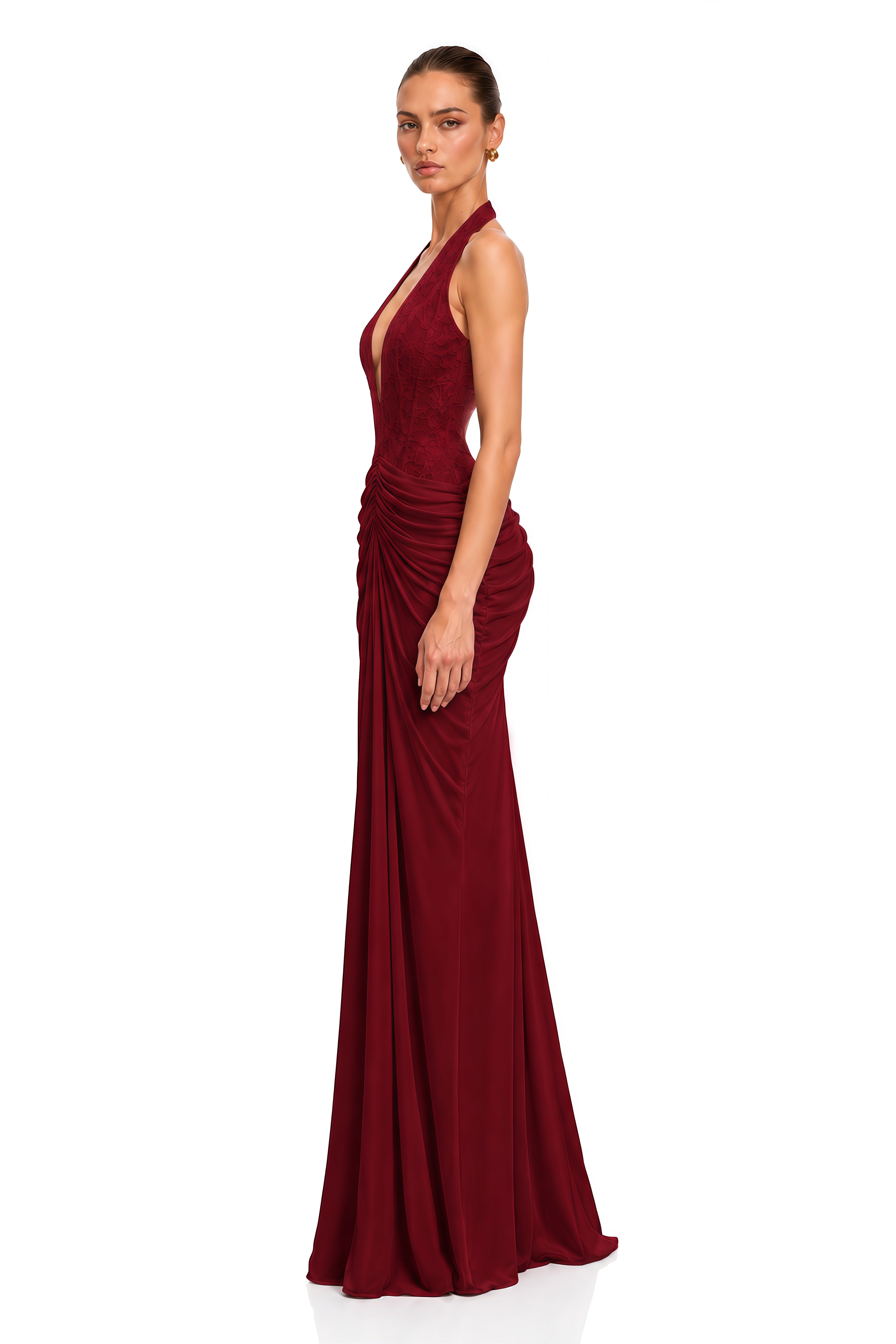 Verena Burgundy Plunge Halterneck Lace Ruched Maxi Dress