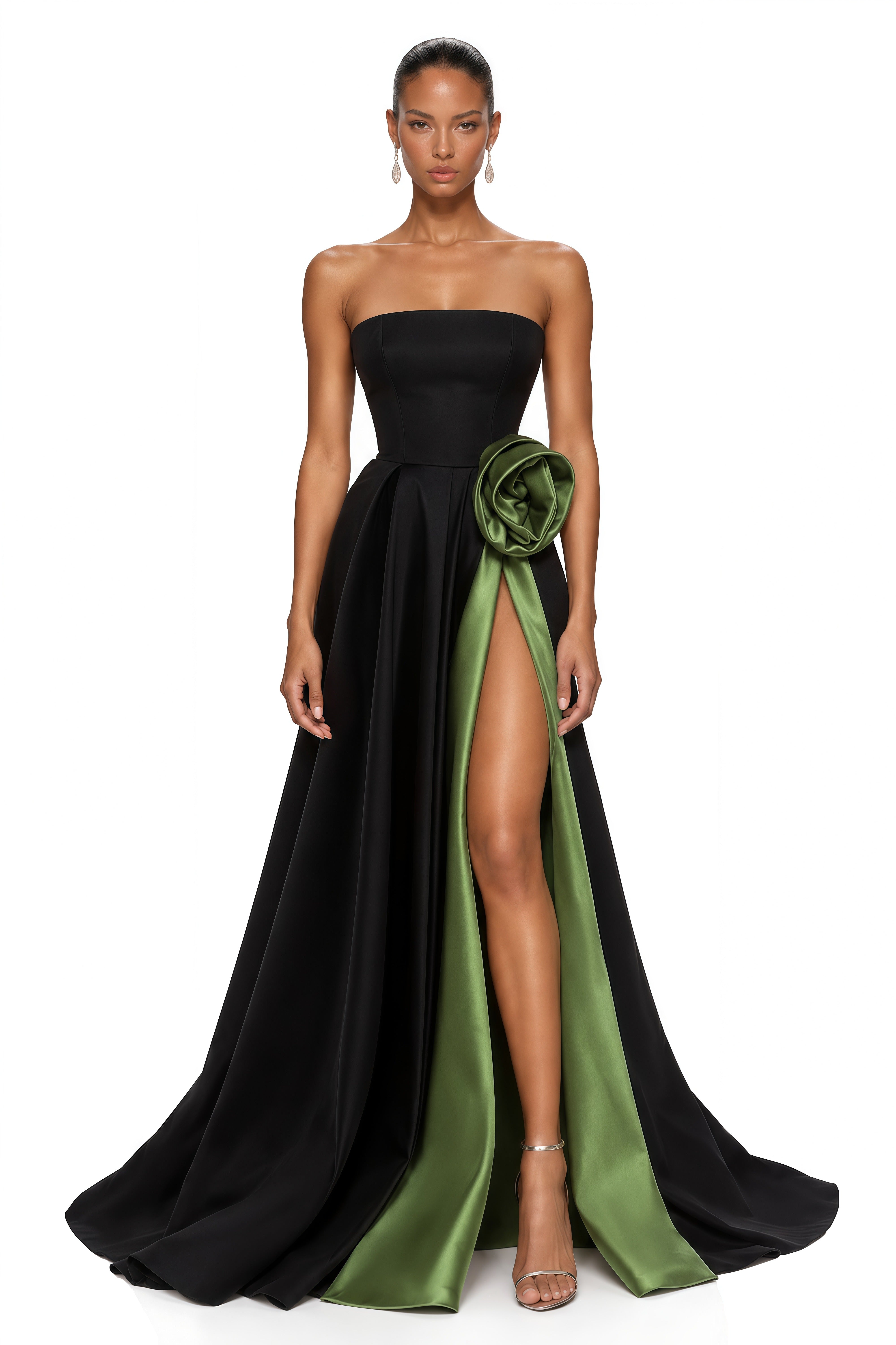 Zinnia Black & Olive Green 3D Rose Strapless Maxi Gown