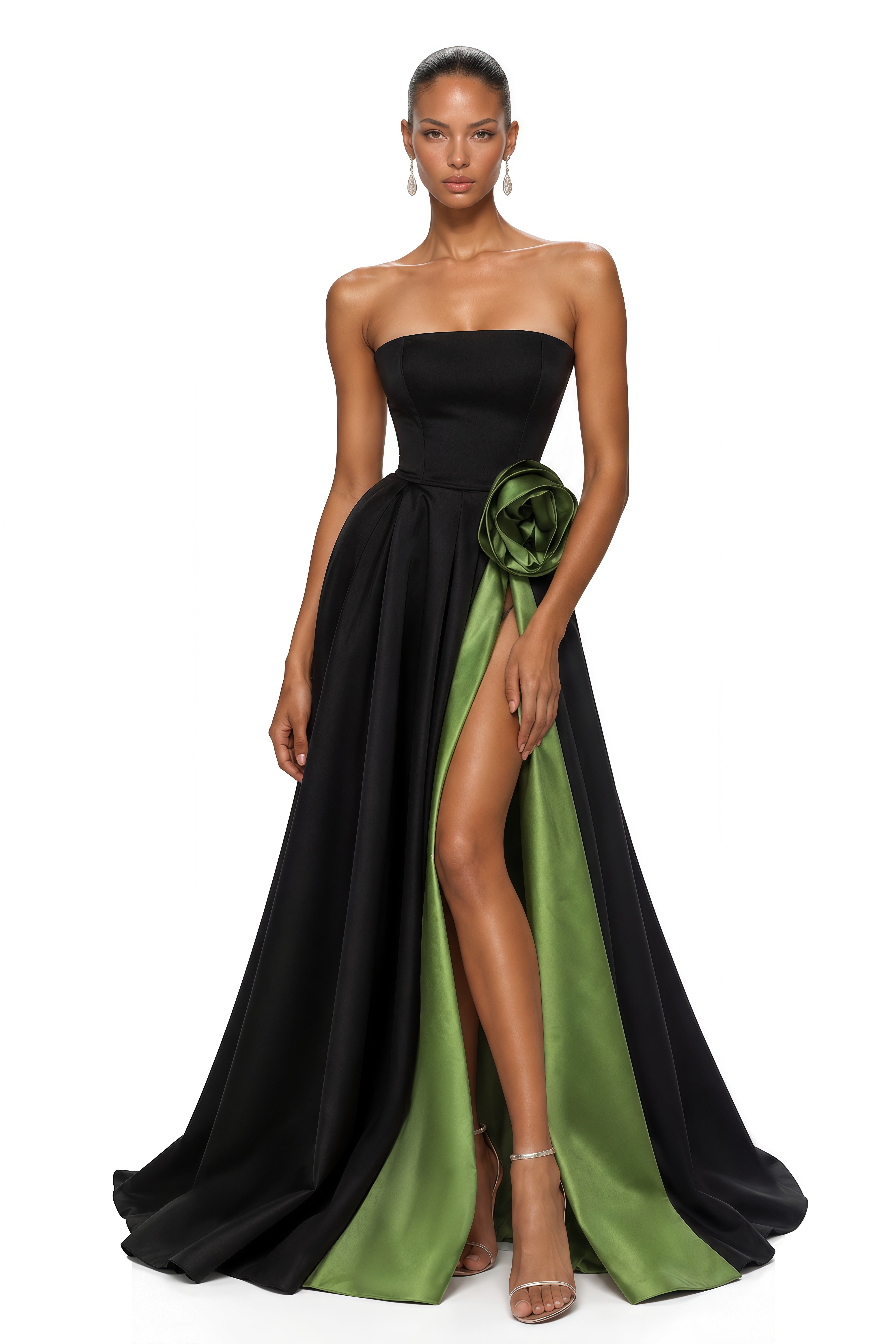 Zinnia Black & Olive Green 3D Rose Strapless Maxi Gown
