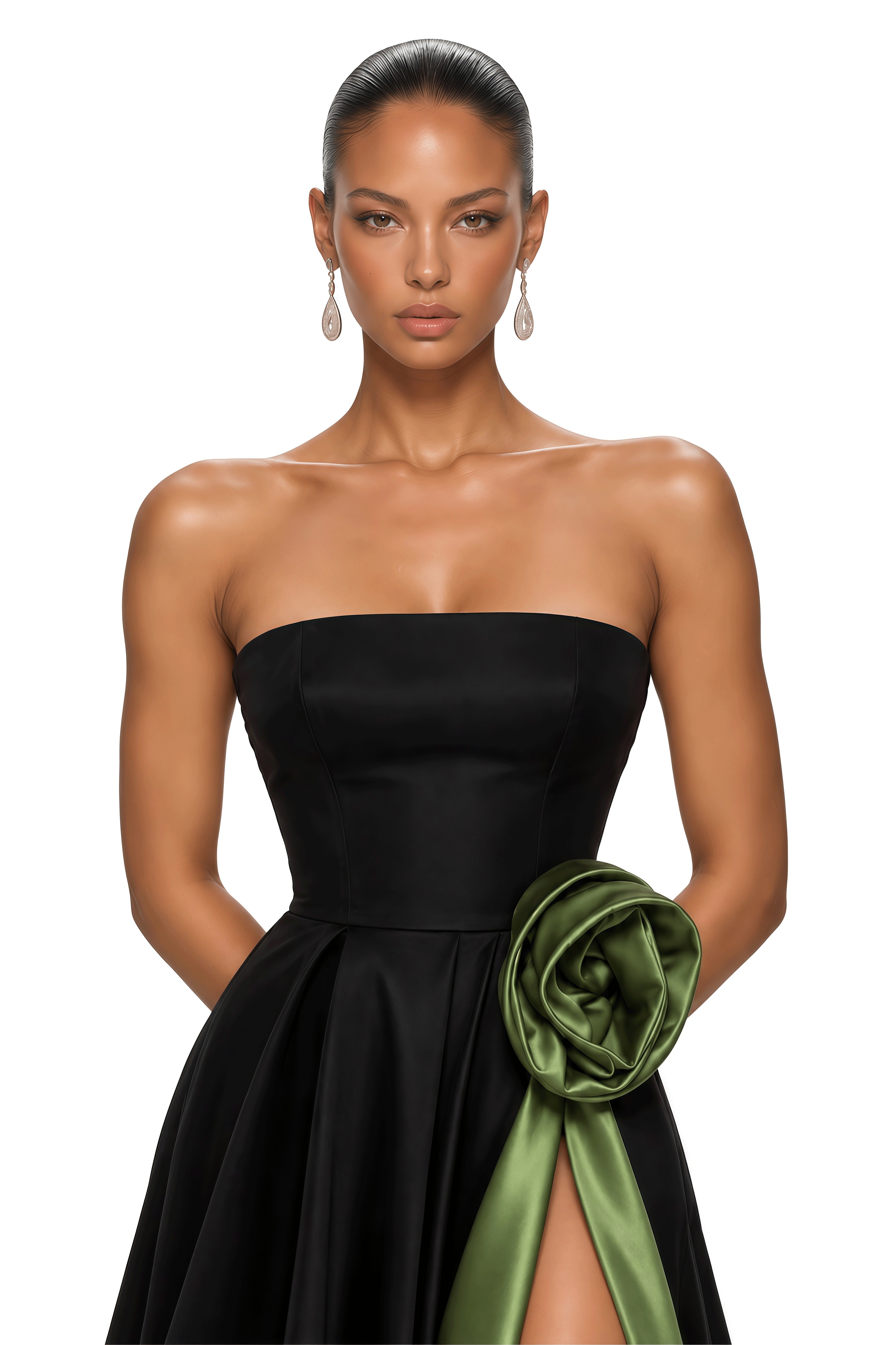 Zinnia Black & Olive Green 3D Rose Strapless Maxi Gown