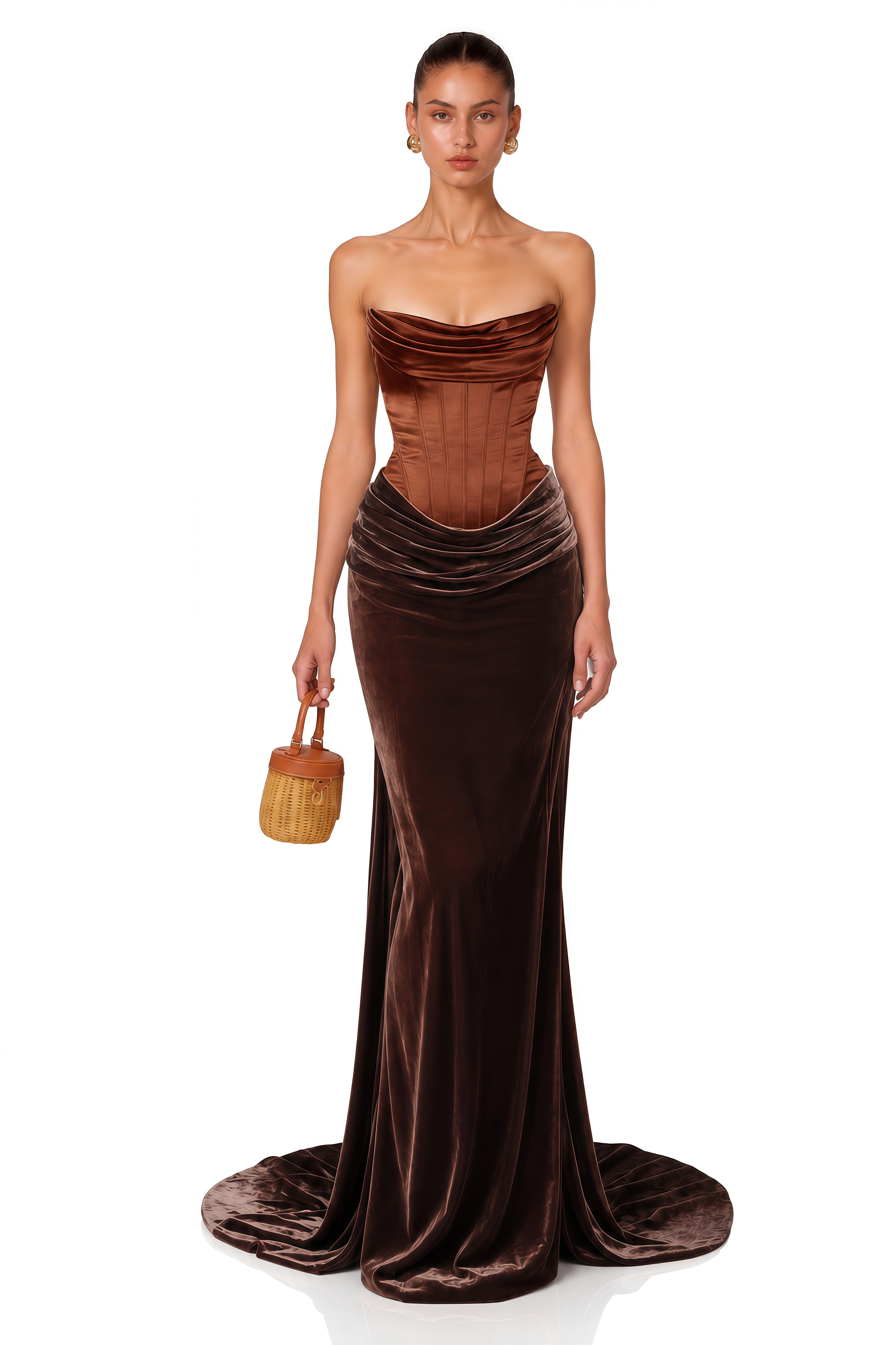 Zoé Brown Strapless Velvet Corset Maxi Gown