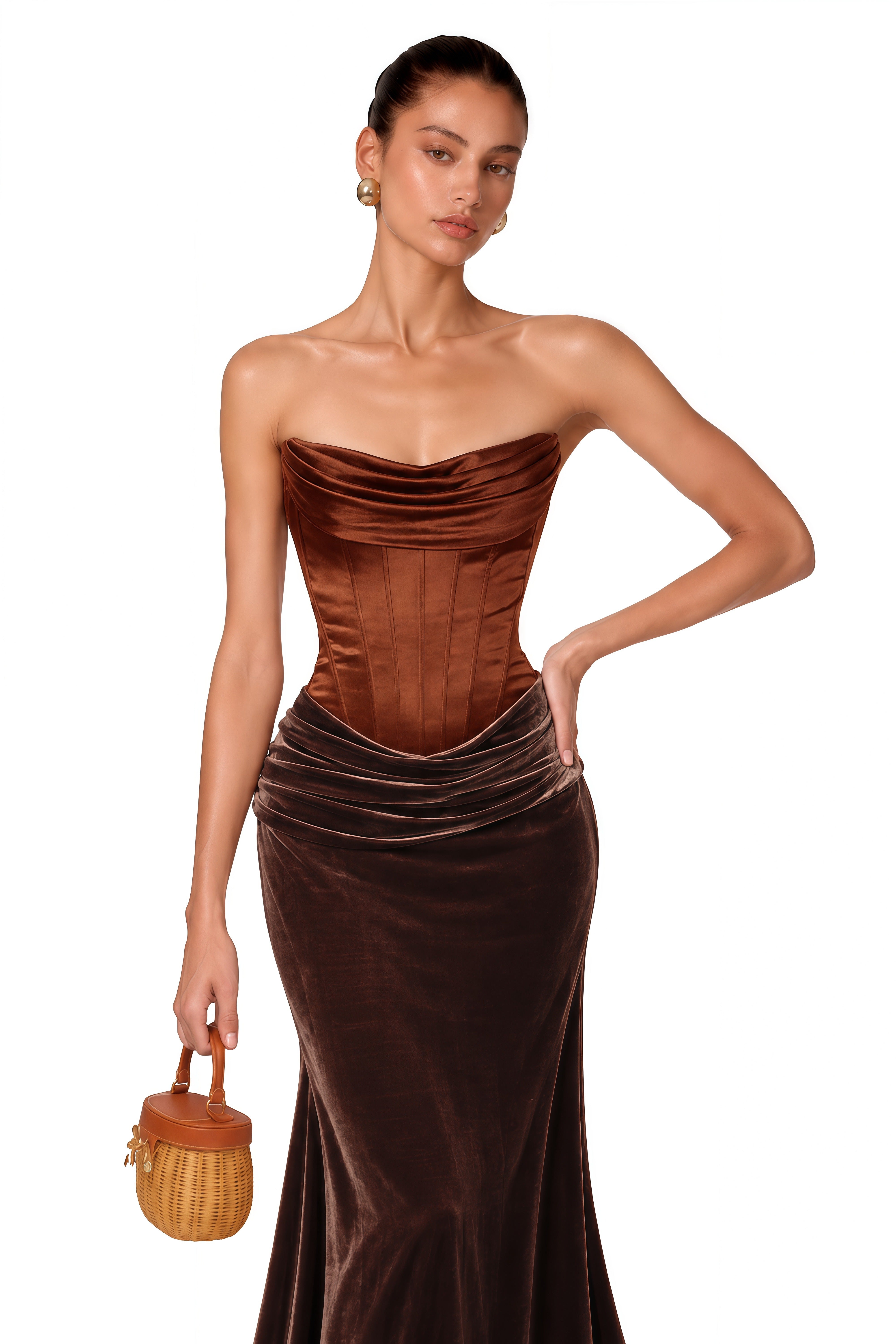 Zoé Brown Strapless Velvet Corset Maxi Gown